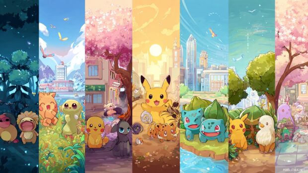 A delightful collection of Cute Pokemon Desktop Wallpaper in HD, showcasing various Pokemon in cheerful settings that brighten your day.