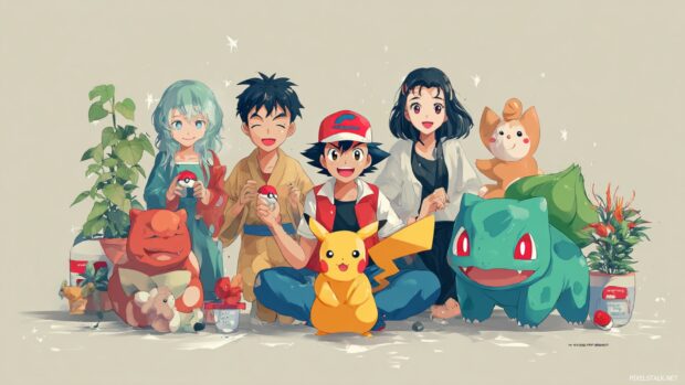 Cute Pokemon Anime HD Wallpaper showcasing beloved characters in vibrant anime style, great for adding personality to your desktop.