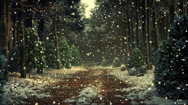 Snow covered trees and bushes line a winter landscape with gentle snowfall in the forest