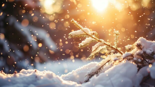 Snow covered pine branches with golden sunlight and winter bokeh effects