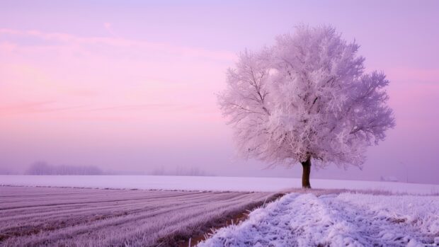 A frosty tree stands alone in a snowy field under a pink winter sky