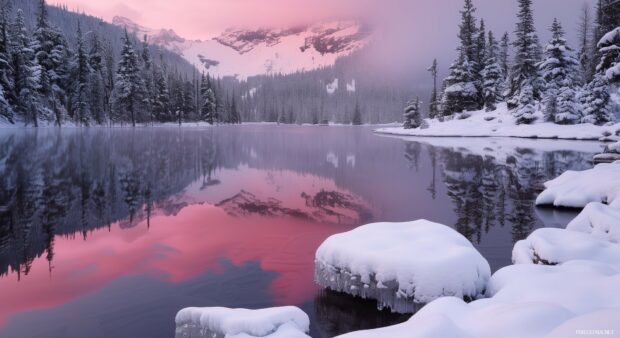 Snow covered trees and icy rocks reflected on a calm lake during a winter sunrise