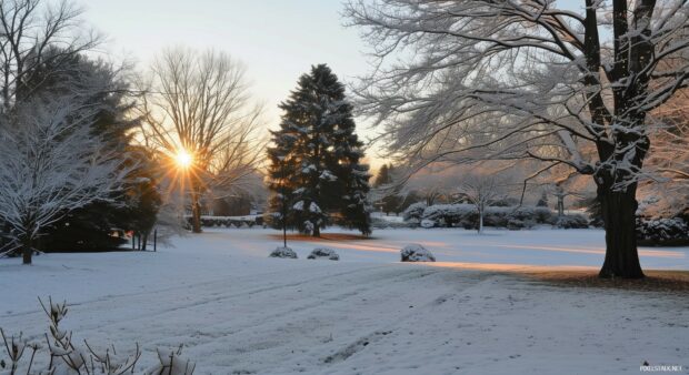 Snow covered trees and a field under a clear sky with sun rays shining through the bare branches