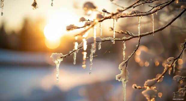 Snow covered branches with icicles sparkling in the warm winter sunlight