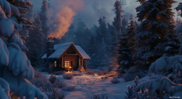 Cozy log cabin surrounded by snowy trees during winter night