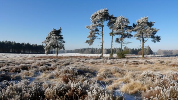 Frost covered nature landscape with pine trees and winter grass field