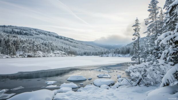 Snow covered trees and frozen lake in winter nature scene