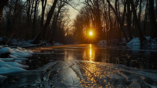 Frozen river with winter nature reflecting sunlight through bare trees