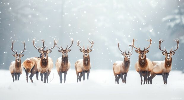 A herd of elk standing in the snow during winter nature