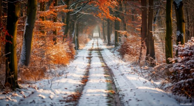 A winter nature scene with snow covered path and orange trees in a forest