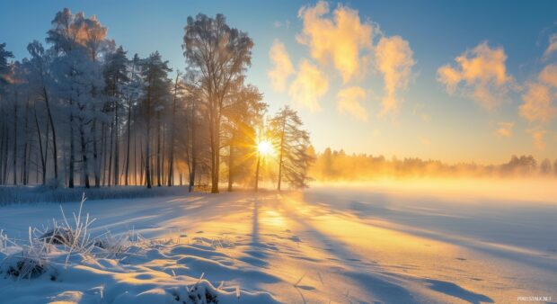 Frost covered trees stand tall in winter nature as the sun rises over the snowy landscape