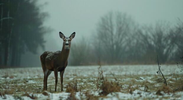A deer standing in a snowy winter nature field surrounded by bare trees