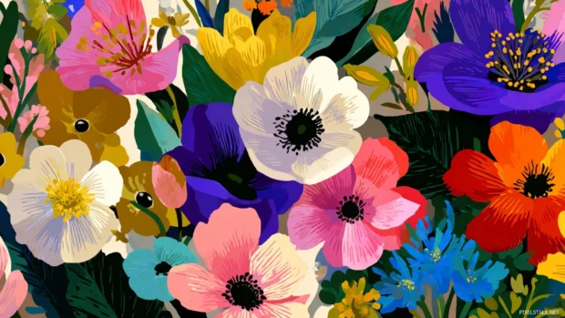 A collection of colorful flowers inspired by spring, providing a fresh and vibrant touch for floral wallpapers HD 4K, creating an uplifting ambiance.