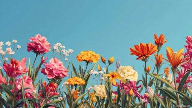 A vibrant garden bursting with colors under a clear blue sky, reflecting the beauty of nature for floral wallpapers HD for desktop.