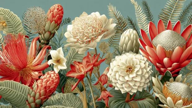 An enchanting arrangement of exotic flowers with rich textures and intricate details, suited for pretty floral wallpapers HD, transporting viewers to a tropical paradise.