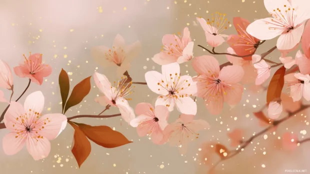 Delicate cherry blossoms gently falling in the wind, creating a romantic atmosphere ideal for floral wallpapers HD background.