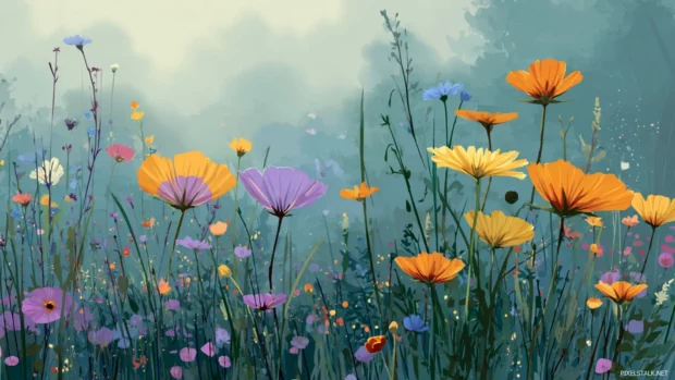 Vivid wildflowers in a serene meadow, showcasing bright petals and soft greenery, ideal for high resolution floral wallpapers HD.