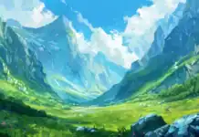 Cool green landscape with distant mountains and a cool blue sky.
