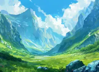 Cool green landscape with distant mountains and a cool blue sky.