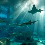 4k aquarium wallpaper capturing wide view of large marine aquarium with sharks and stingrays.