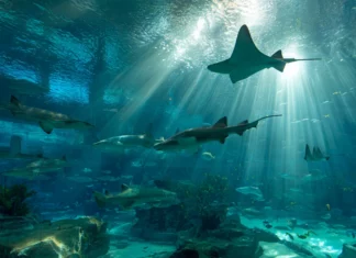 4k aquarium wallpaper capturing wide view of large marine aquarium with sharks and stingrays.