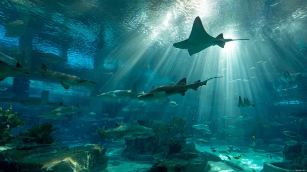 4k aquarium wallpaper capturing wide view of large marine aquarium with sharks and stingrays.