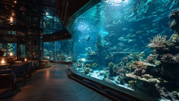 A captivating Aquarium display with shimmering fish and intricate coral structures, viewed from a cozy observation deck.