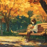 A peaceful park scene where an Anime Girl is reading a book on a wooden bench surrounded by autumn leaves.