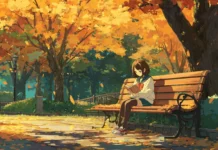 A peaceful park scene where an Anime Girl is reading a book on a wooden bench surrounded by autumn leaves.