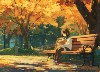A peaceful park scene where an Anime Girl is reading a book on a wooden bench surrounded by autumn leaves.