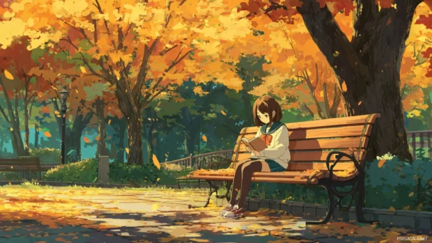 A peaceful park scene where an Anime Girl is reading a book on a wooden bench surrounded by autumn leaves.