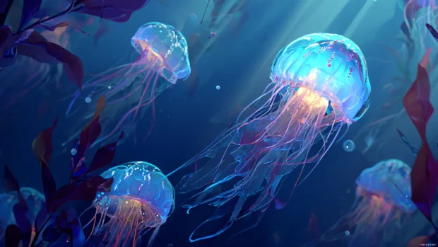 A peaceful underwater Aquarium scene featuring graceful jellyfish floating gently with glowing trails in the water.