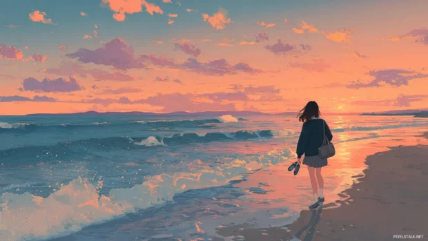 Anime Girl walking along a quiet beach at sunset, waves gently touching her feet while holding her sandals.