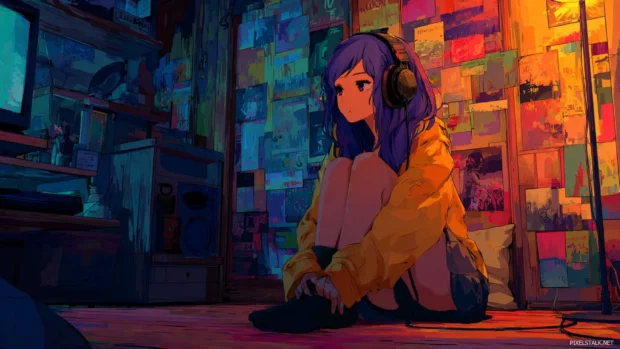 Anime girl headphones wallpaper sitting in a cozy room filled with colorful posters and ambient lighting.