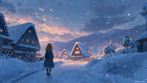 Anime girl winter scenery wallpaper with a peaceful snow covered village and soft falling snowflakesAnime Girl with long flowing hair standing in a vibrant flower field under the clear bl.