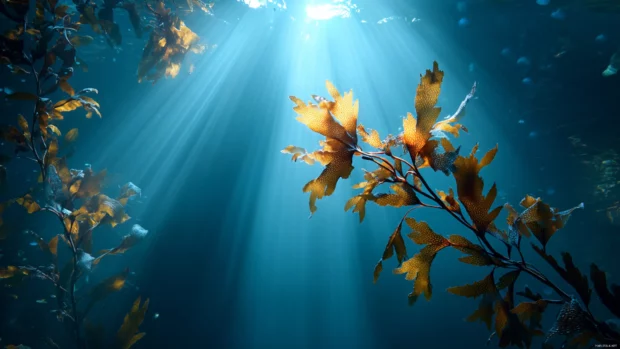 Aquarium background with sunbeams passing through water illuminating floating seaweed in serene blue.