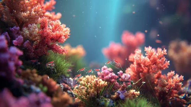 Aquarium desktop wallpaper displaying a tranquil underwater garden of corals and tiny shrimp.