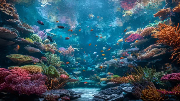 Aquarium filled with colorful tropical fish swimming among vibrant coral reefs, illuminated by soft blue lighting.