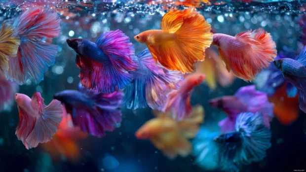 Aquarium fish wallpaper highlighting vivid betta fish fins swirling in crystal clear water.