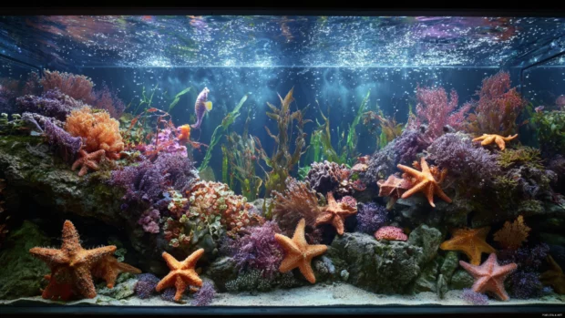 Aquarium showcasing a harmonious blend of sea plants, vivid starfish, and playful seahorses dancing through crystal clear water.