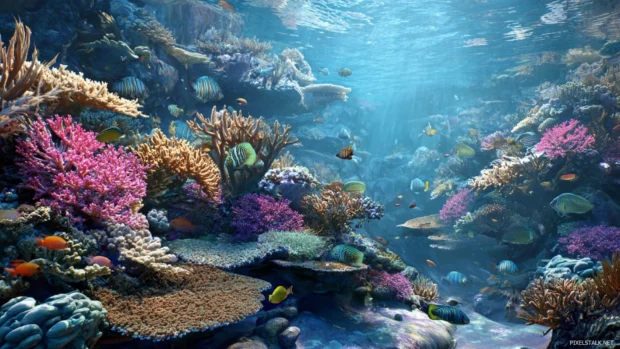 Aquarium wallpapers featuring vibrant coral reef teeming with tropical fish and soft light filtering through water.