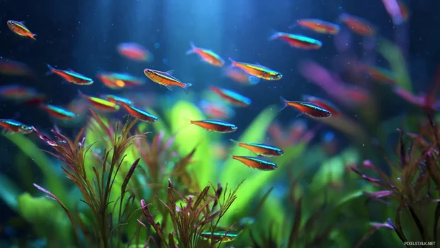 Aquatic sea life wallpaper framing a school of neon tetras drifting above green aquatic plants.