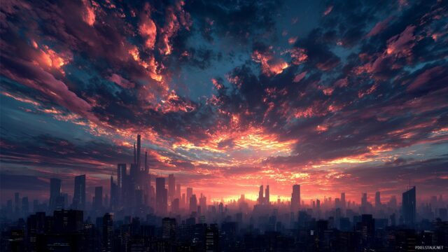 Best Wallpaper HD For Desktop Computer, A Futuristic City Skyline At Sunset, Blending Modern Architecture With A Dramatic Sky In HD
