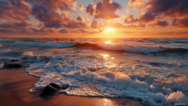 Best Wallpaper HD For PC, A Vibrant Sunset Over The Ocean With Waves Crashing Against The Shore, Ideal For A Soothing Desktop