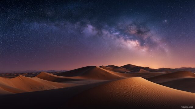 Best Wide Screen Desktop Wallpaper, A Panoramic Landscape Of Vast Desert Dunes Under A Starry Sky, Perfectly Designed For Wide Screens