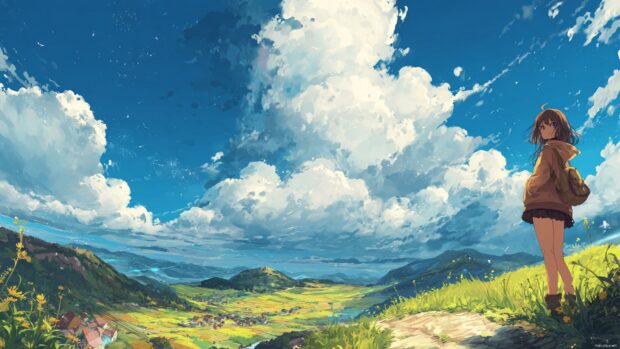 Charming high resolution Anime Girl wallpaper, showcasing a beautiful character with an enchanting landscape, ideal for PC users.