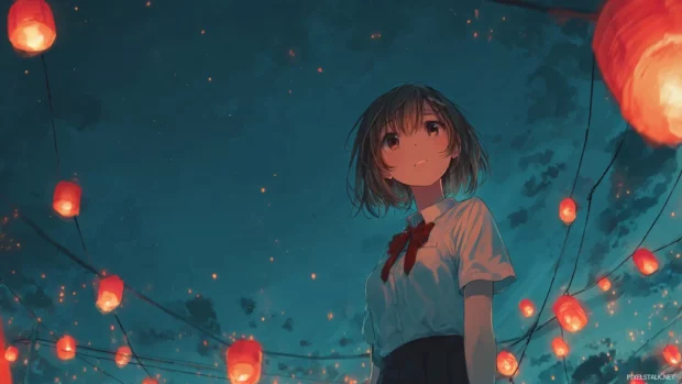 Cool anime girl background hd under a night sky filled with glowing lanterns and soft moonlight.