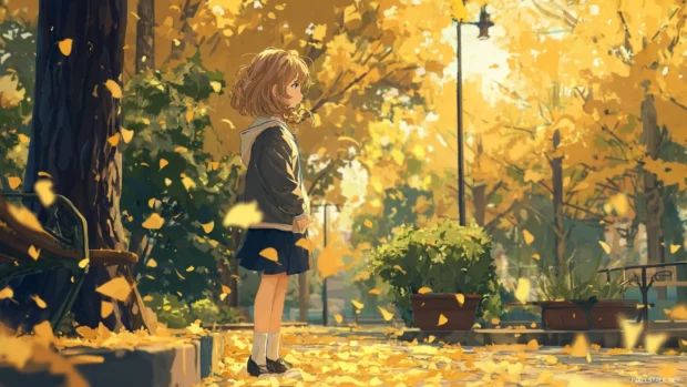 Cute anime girl desktop wallpaper surrounded by falling golden leaves in a quiet park.