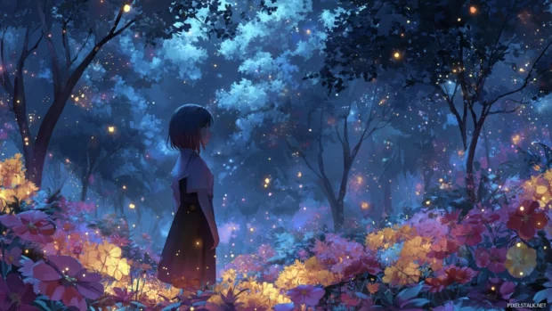 Fantasy anime girl wallpaper 4k in a magical forest surrounded by glowing flowers and soft sparkling lights.
