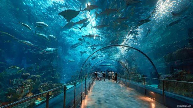 Giant glass walled Aquarium tunnel with schools of fish and majestic rays gliding above, creating an immersive oceanic view.